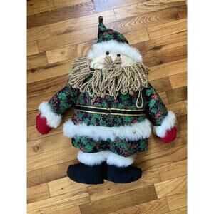 Large Vintage Handmade 80s 90s Christmas Santa Claus Doll Fabric Bells Yarn 24”2